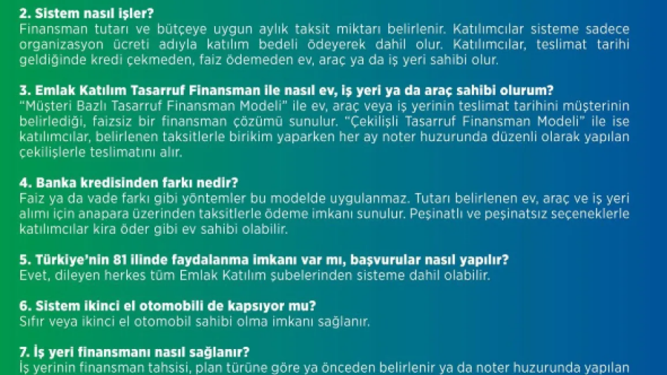Eminevim, Katılımevim, Fuzulev, Birevim ve Sinpaş gibi sistemlere alternatif devlet bankası güvencesiyle Emlak Katılım Tasarruf Finansman Sistemi ile Faizsiz ev, iş yeri ve araç satın almada yeni dönem başladı.